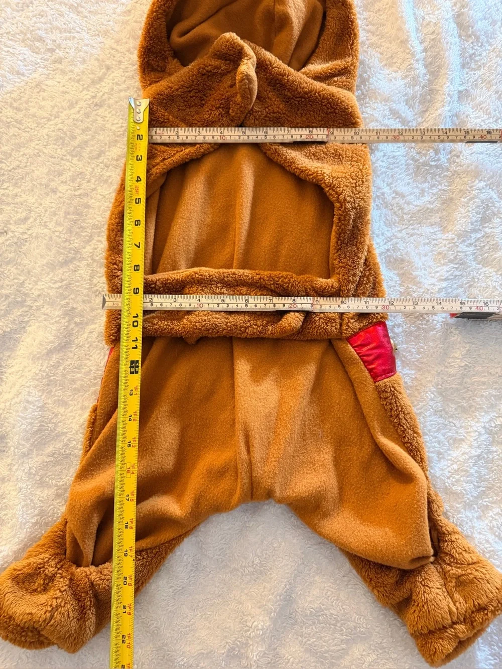 Brown Plush Reindeer Dog Costume with Red Trim and Gold Antlers